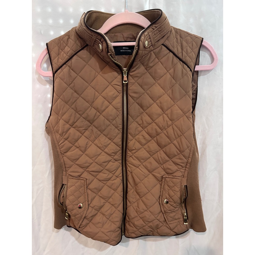 Love Tree Quilted Puffer Vest Women Medium Brown Ribbed Sides Zip Pockets Collar